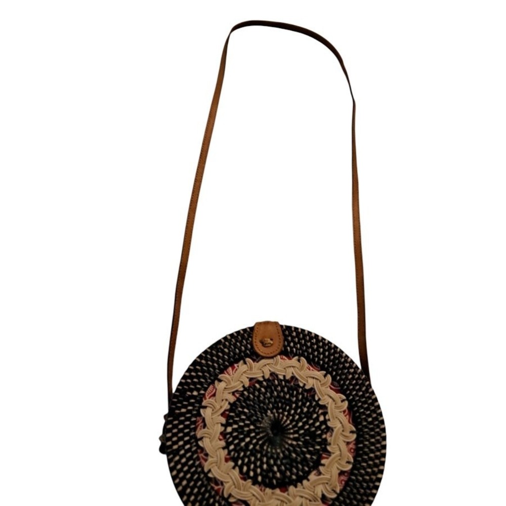 Handwoven Round Rattan Crossbody Bag Black Cream Woven Straw Batik Lining 8in - Picture 3 of 14